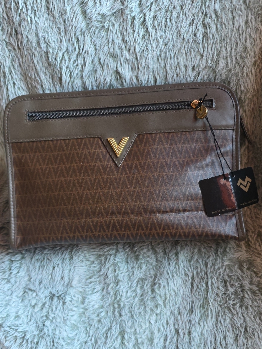 Mario Valentino Brown Toiletry Pouch with Gold V Accent